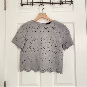 ZARA Basic Grey Eyelet Short Sleeve Crew Neck Sz S